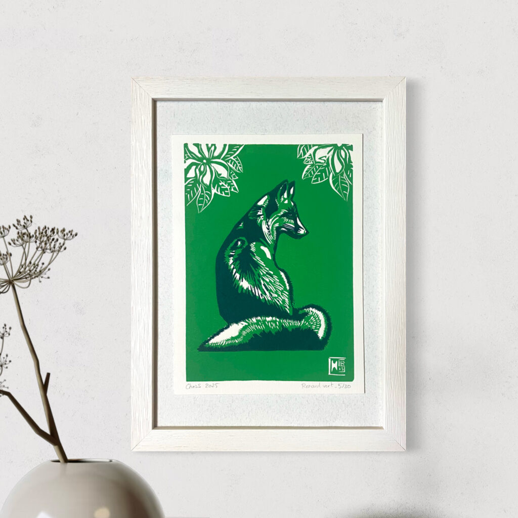 Renard au Printemps - Vert vif - 17x23 cm