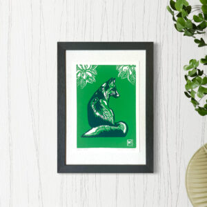 Renard au Printemps - Vert vif - 17x23 cm